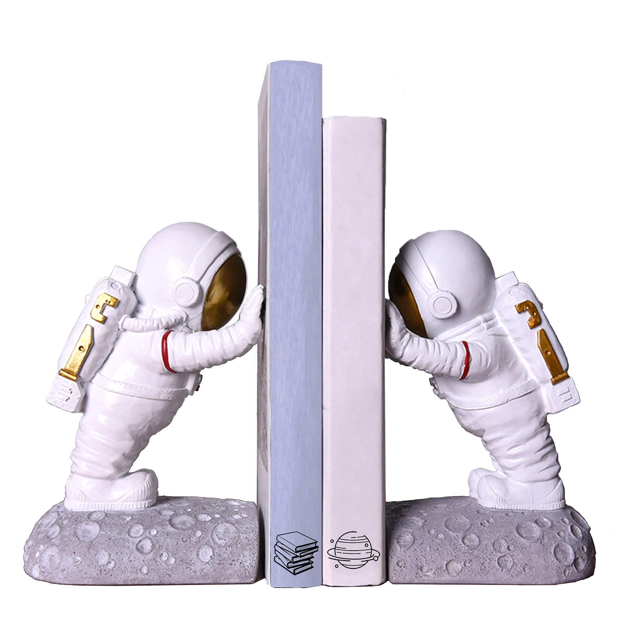 Joyvano Astronaut Bookends - Book Ends to Hold Books - Space Decor Bookends for Kids Rooms - Bookends for Heavy Books - Unique Book Holders with Anti-Slip Base