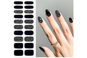 Oauee Semi Cured Gel Nail Strips | Built-In Gel Top Coat | UV Light Required | Salon Quality, Easy Application And Removal (Black Sparkle)