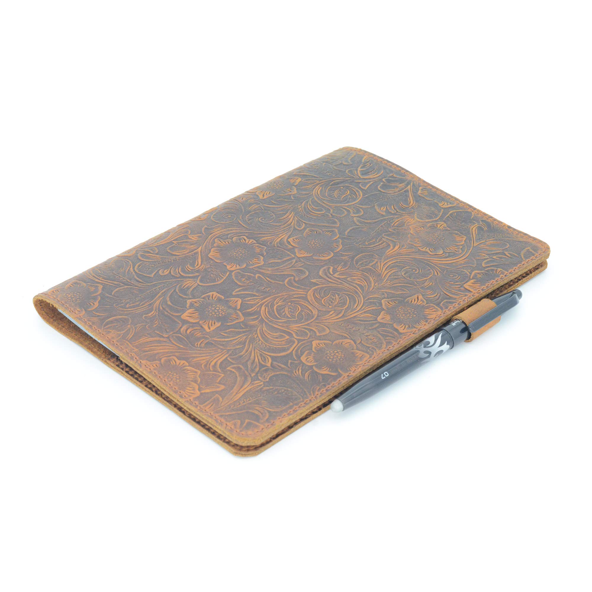 JJNUSA Compatible with Rocketbook Flip Cover Smart Business Handmade Distressed Genuine Leather Notebook Cover with Pen Loop Flowerbrown Letter 11" x 8.5"
