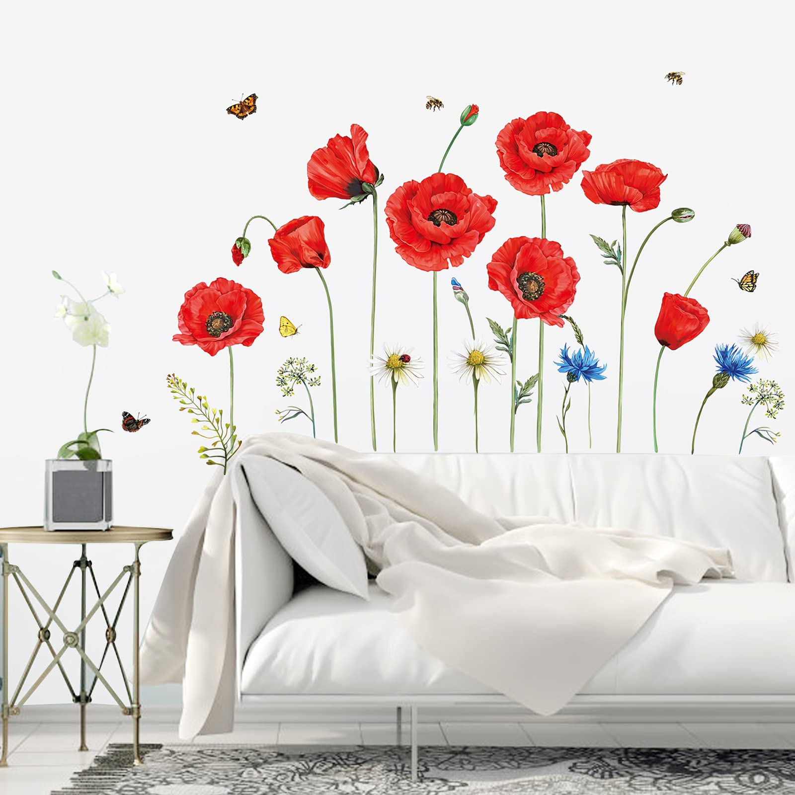 decalmile Red Poppy Flower Wall Decals Floral Wall Stickers Living Room Bedroom Sofa TV Background Wall Art Decor