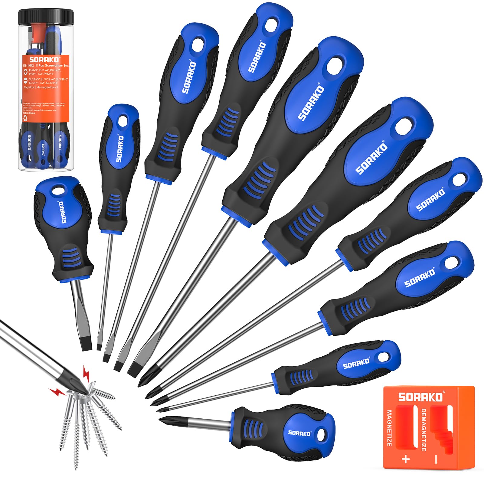 Photo 1 of SORAKO 11-Piece Magnetic Screwdriver Set, 5 Phillips and 5 Slotted Tips, Include Magnetizer, Screwdriver with Professional Non-Slip Grip, for Home Repair and DIY Projects?With Case
