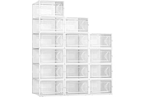 Kuject 15 Pack Shoe Storage Boxes, Large Clear Plastic Stackable Shoe Organizer for Closet, Connect Left and Right Shoe Boxes Case Container Bin for Entryway, Drop Front, Fit for Size 10(White)