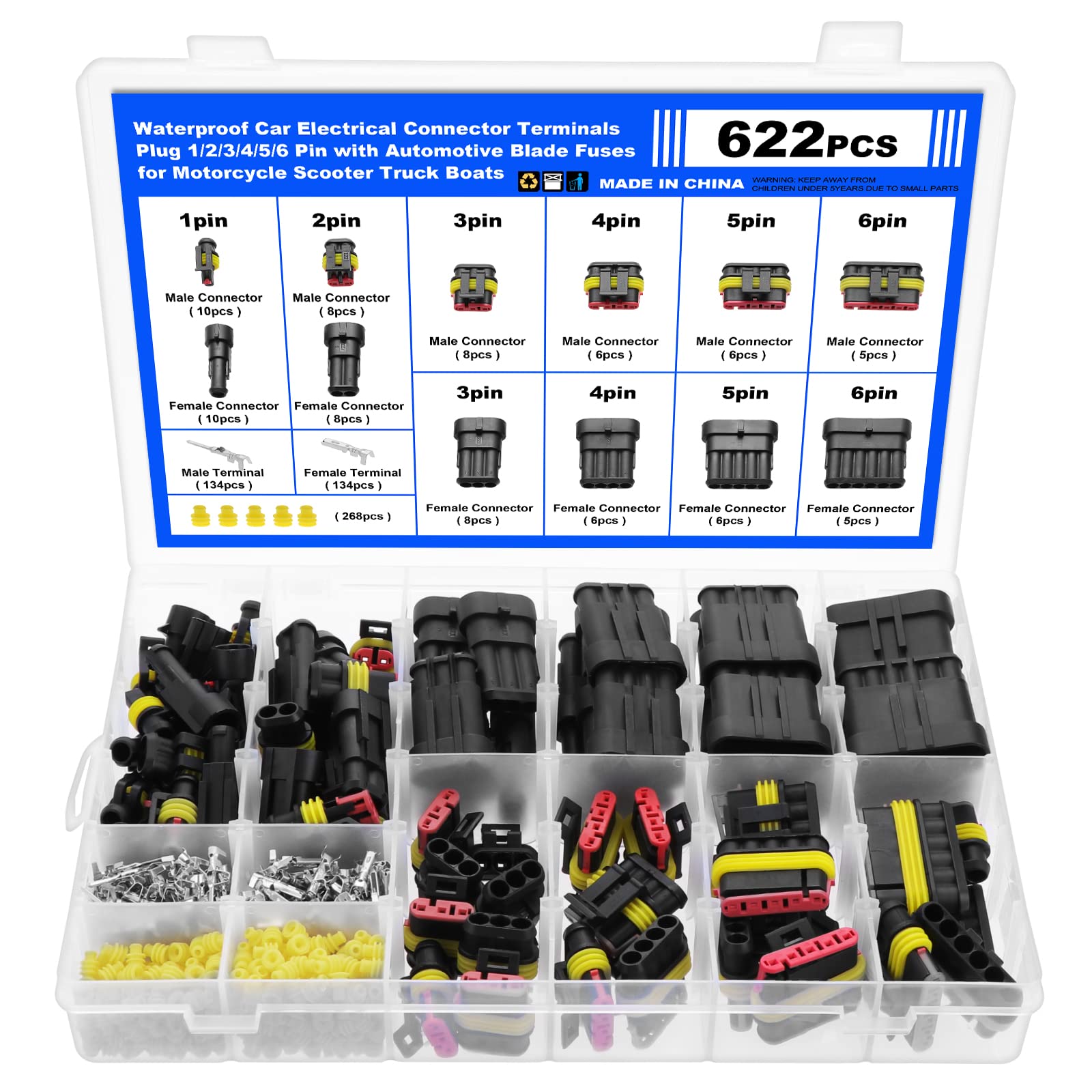 Faankiton 622PCS Waterproof Car Electrical Connector, 1/2/3/4/5/6 Pin Way Waterproof Electrical Connector Kit, Electrical Automotive Wire Connectors Plug, Terminals Plug for Motorcycle Scooter Truck