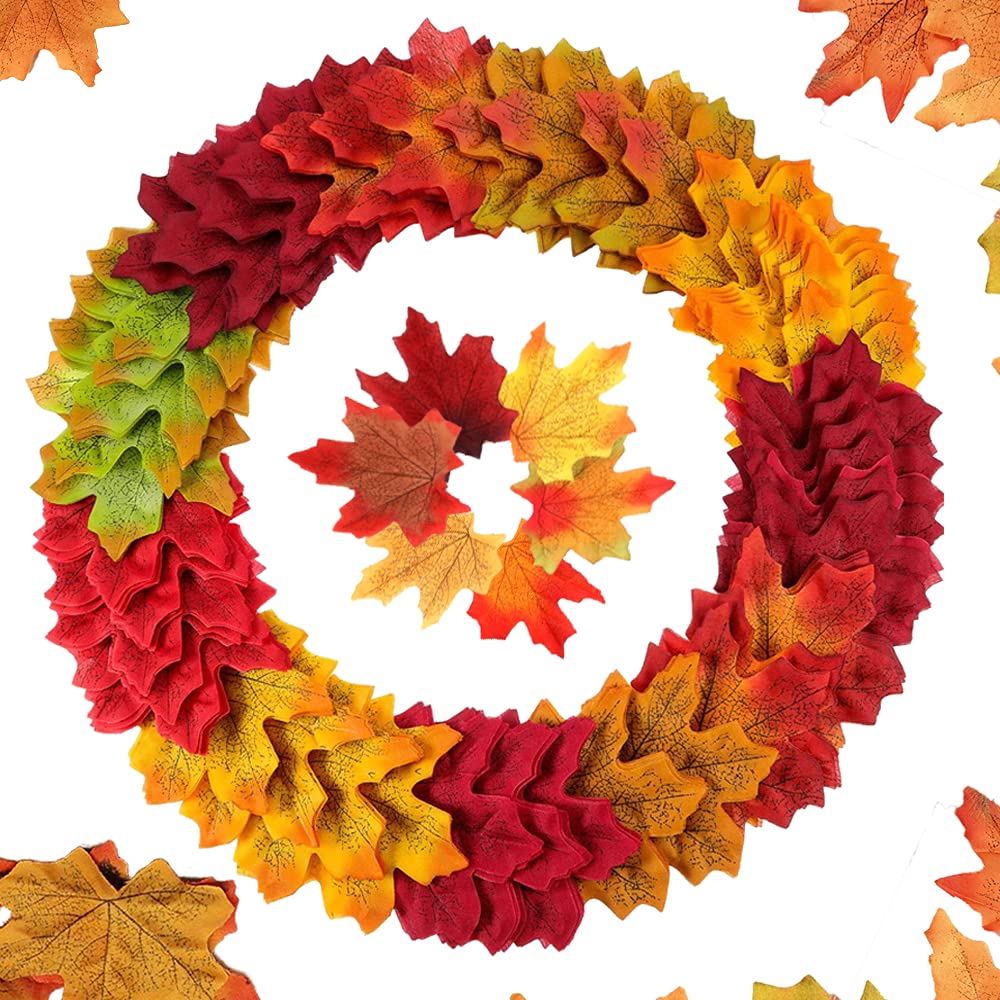 DOJoykey 300pcs Autumn Maple Leaves, Mixed Color Artificial Fall Leaves for Decorating Autumnal Theme Room, Card Making, Crafts and Thanksgiving Day