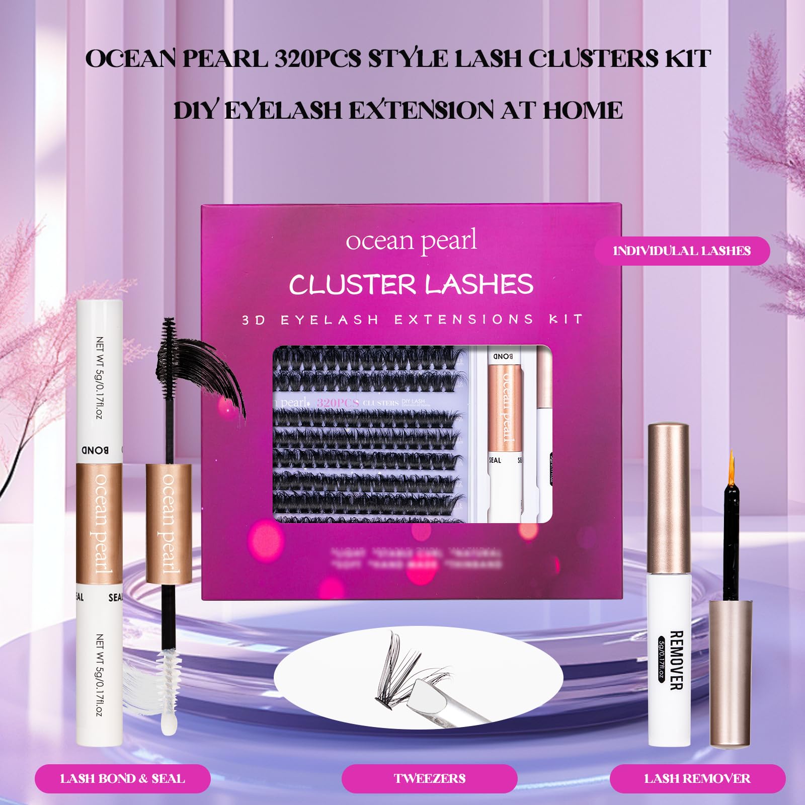 Ocean Pearl Lash Clusters 320pcs 3D Thick Lash Clusters kit 60D+80D Lashes,Eyelashes,Lash Extension Kit,Eyelash Clusters with Lash Bond&Seal&Remover&Tweezers,Lashes Clusters Eyelash Extensions Kit