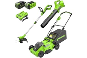 Greenworks 40V 16" Brushless Cordless (Push) Lawn Mower + Blower (350 CFM) + 13" String Trimmer (Bonus Spools), 4.0Ah + 2.0Ah Battery and Charger Included (75+ Compatible Tools)