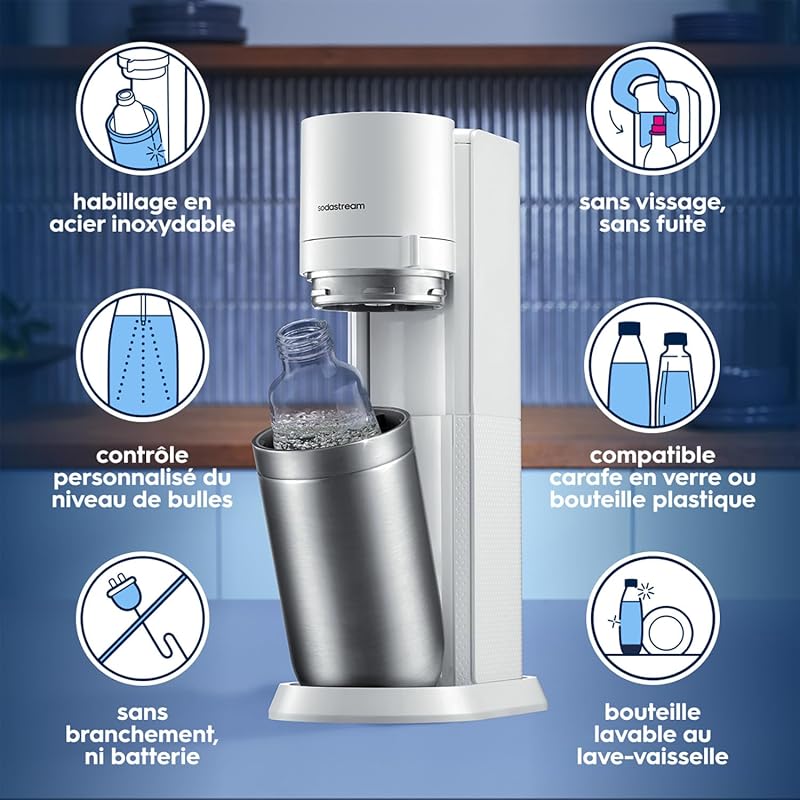 DUO Machine à Soda | 2 Bouteilles + 2 Verre + Cylindre | Blanche