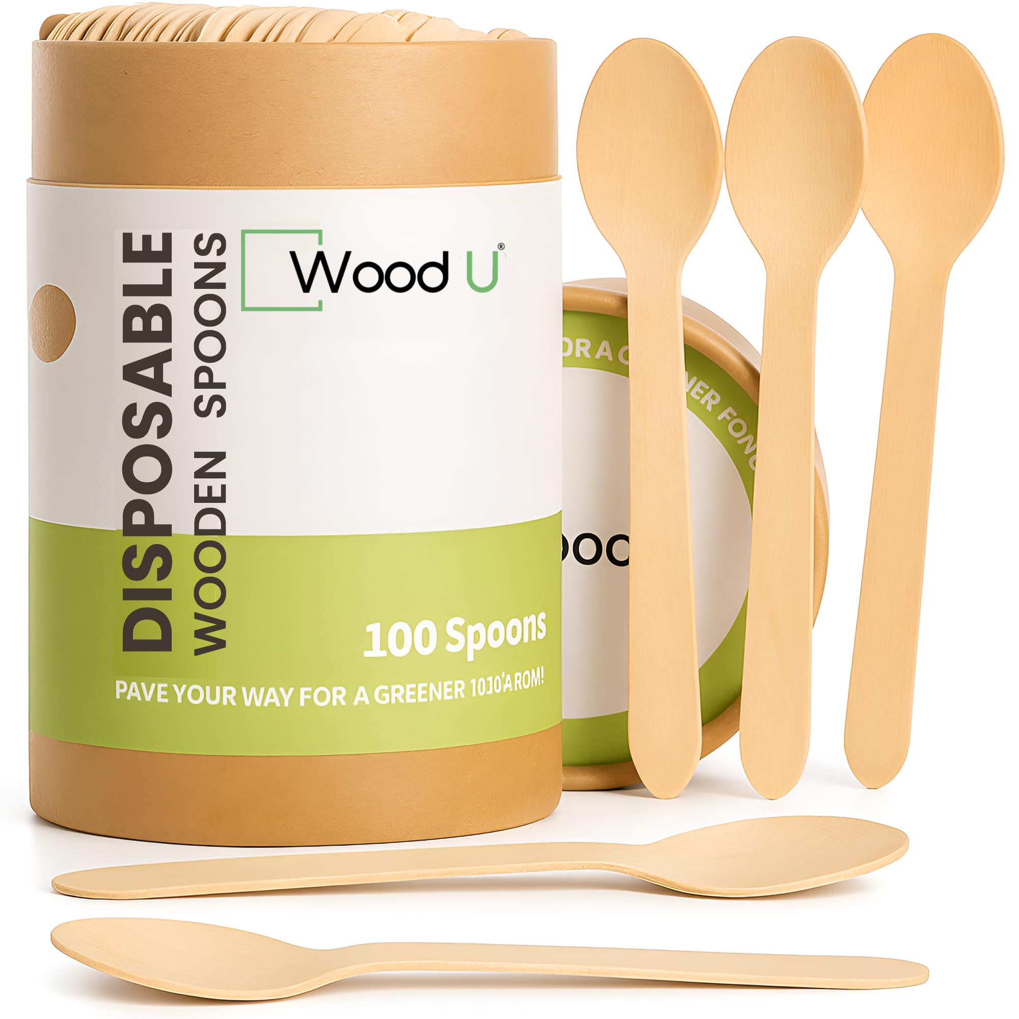 WoodU Disposable Wooden Spoons Natural Birch Wood Biodegradable Utensils Cutlery Eco-Friendly Green (100 Pack)