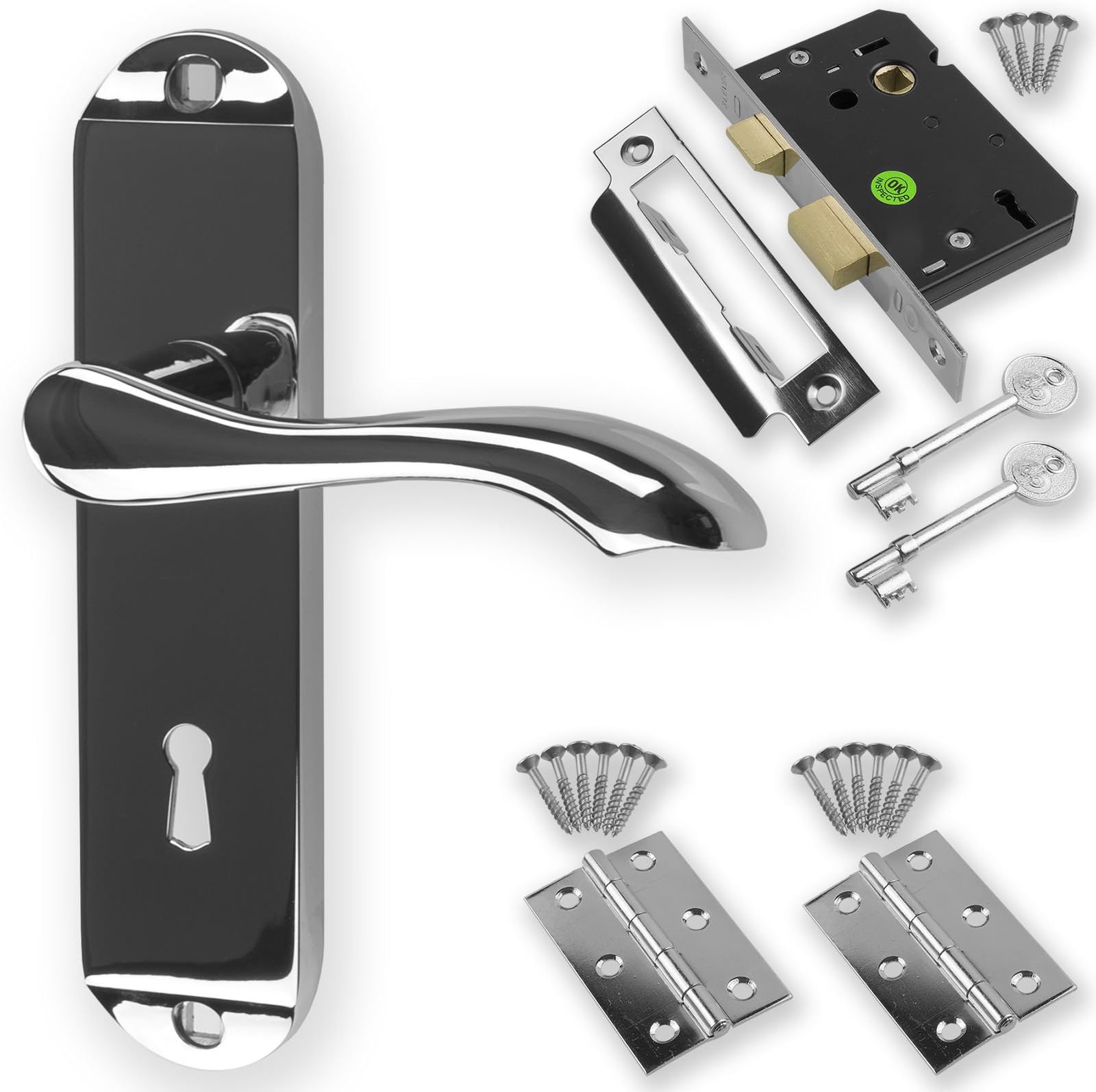 Bridewell Ironmongery Chrome Door Handle Set Pack Latch Lock Bathroom New (Lever Lock)