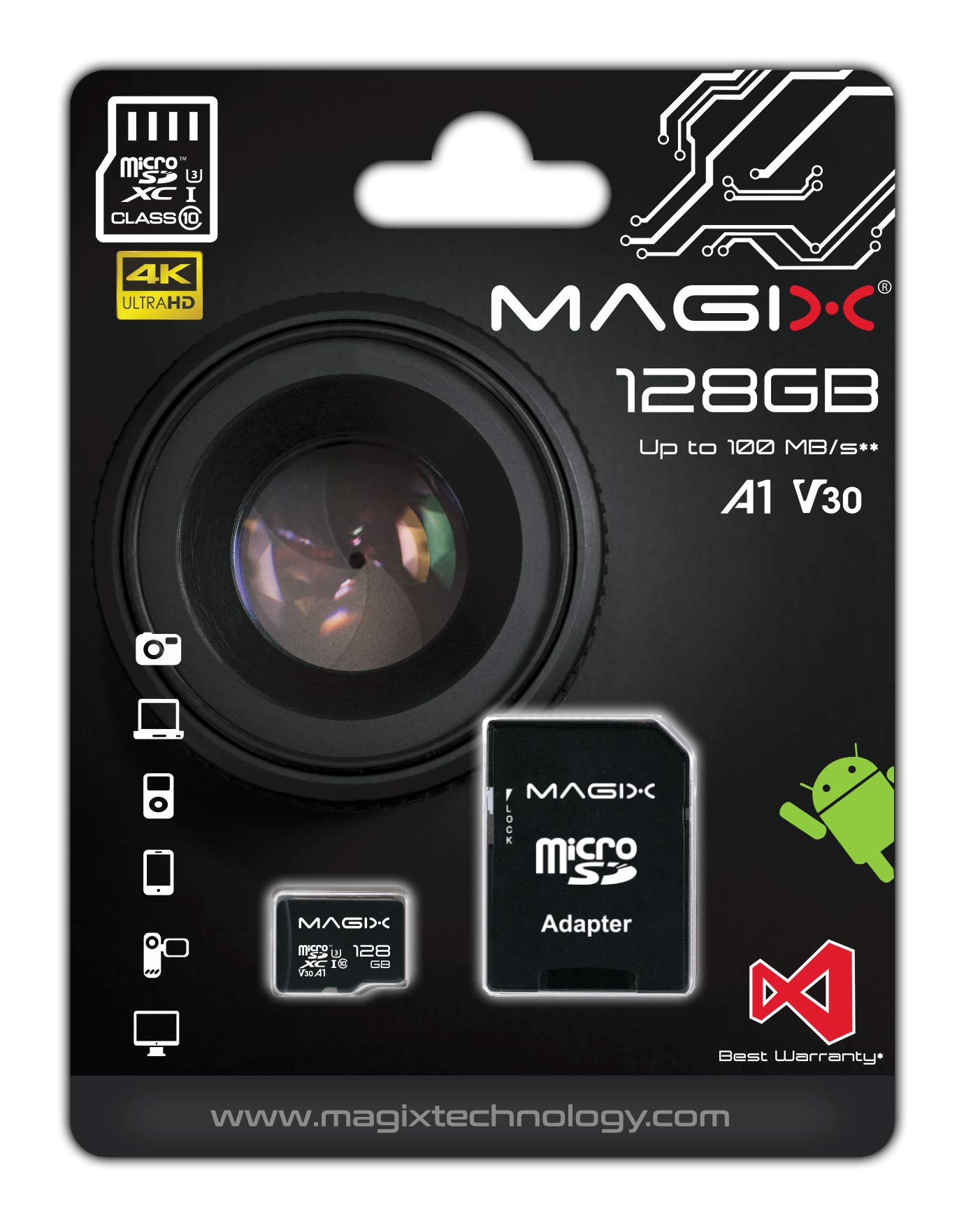 Magix 128GB microSD Card Class10 V30 U3, Read Speed Up to 95 MB/s, 4K Series (SD Adapter Included)