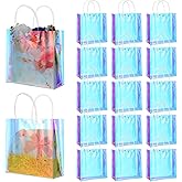 Yuanan 16Pcs Holographic Party Favor Bags, Clear Goodie Bags for Party Favors, Reusable PVC Gift Bag with Handles