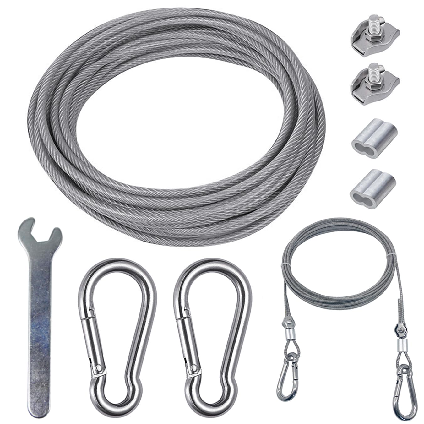 aufodara 5M 3mm Stainless Steel Wire Rope Kit, PVC Coated Cable Rope with M6 Carabiner Hook, Wire Rope Clips Clamp, Aluminum Crimping Sleeves, Mini Wrench, for Lanyard Clothes Line Tent Ropes (5M)
