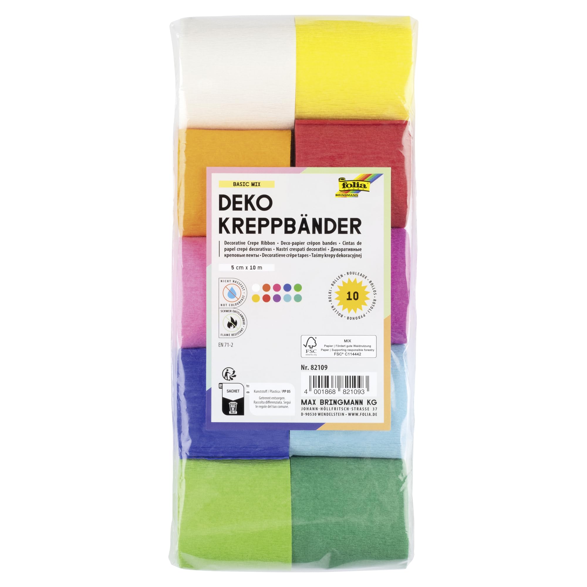folia 82109 - Crepe Tapes, Crepe Paper Tape, 10 Rolls in Different Colours, Each Roll Approx. 5 x 10 cm, Very Elastic and Thin Paper, with an Uneven and Rough Surface, Party Decoration