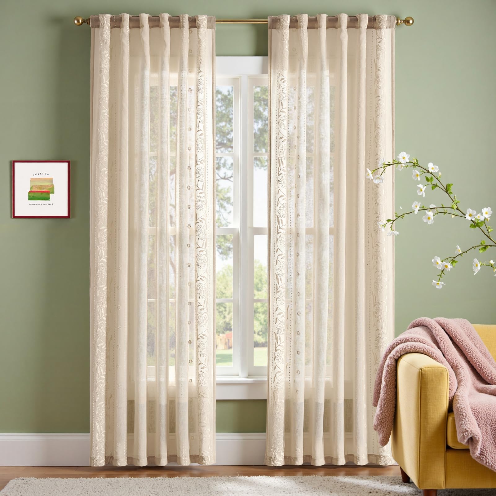 Photo 1 of jinchan Winslow Beige Sheer Curtains 84 Inch for Bedroom Living Room Embroidered Bordered Floral Nursery Curtains for Playroom Dorm Light Filtering, Ivory on Beige, 2 Panels, 50W x 84L