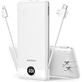 VEGER Portable Charger with Built-in AC Plug and Cables, All in One 10000mAh Ultra Slim Power Bank Travel Essentials, 15W Fast Charging Battery Pack Compatible with iPhone, Samsung, Android (White)