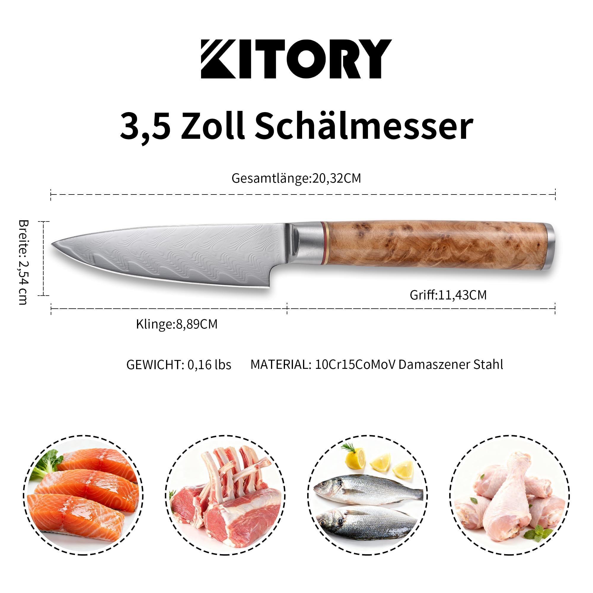 Kitory Schälmesser Damaststahl 73 Lagen Obstmesser Gemüsemesser 9 cm Klinge Aus 10Cr15CoMoV Stahl mit Weißer Schatten Holzgriff - Pro Damast Serie 2