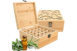 Pure Vie Bamboo Essential Oil Storage Box Travel Organizer Case with Bottle Cap Label - Aromatherapy Nail Polish Fragrance Container, Holds 25 Bottle for 5-15ml - Keep Scented Oil Safe & Space Saver