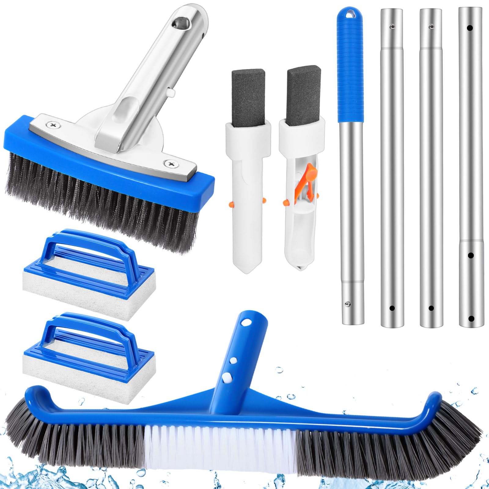 Photo 1 of (Missing pool brushes) Tioncy 7 Pcs Pool Tile Cleaning Kits Includes Pool Brush with Pole Stainless Steel Brush with EZ-Clip Handle Pumice Stones for Pool and Scrub Brushes to Remove Rust Stain Spot Concrete Pool Spa