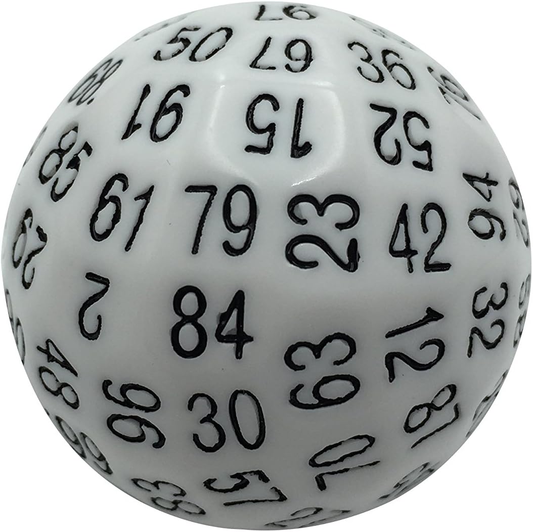 Single 100 Sided Polyhedral Dice (D100), Solid White Color Die with Black Numbering, 45 Millimeters by SkullSplitter Dice