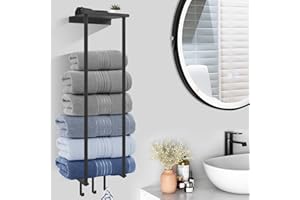 HOTNIU Towel Racks for Small Bathroom Wall Mounted, Vertical Towel Storage with Metal Shelf and 3 Hooks, Bath Towel Rack for Rolled Towels, Black Towel Holder for Large Bath Sheets Towels