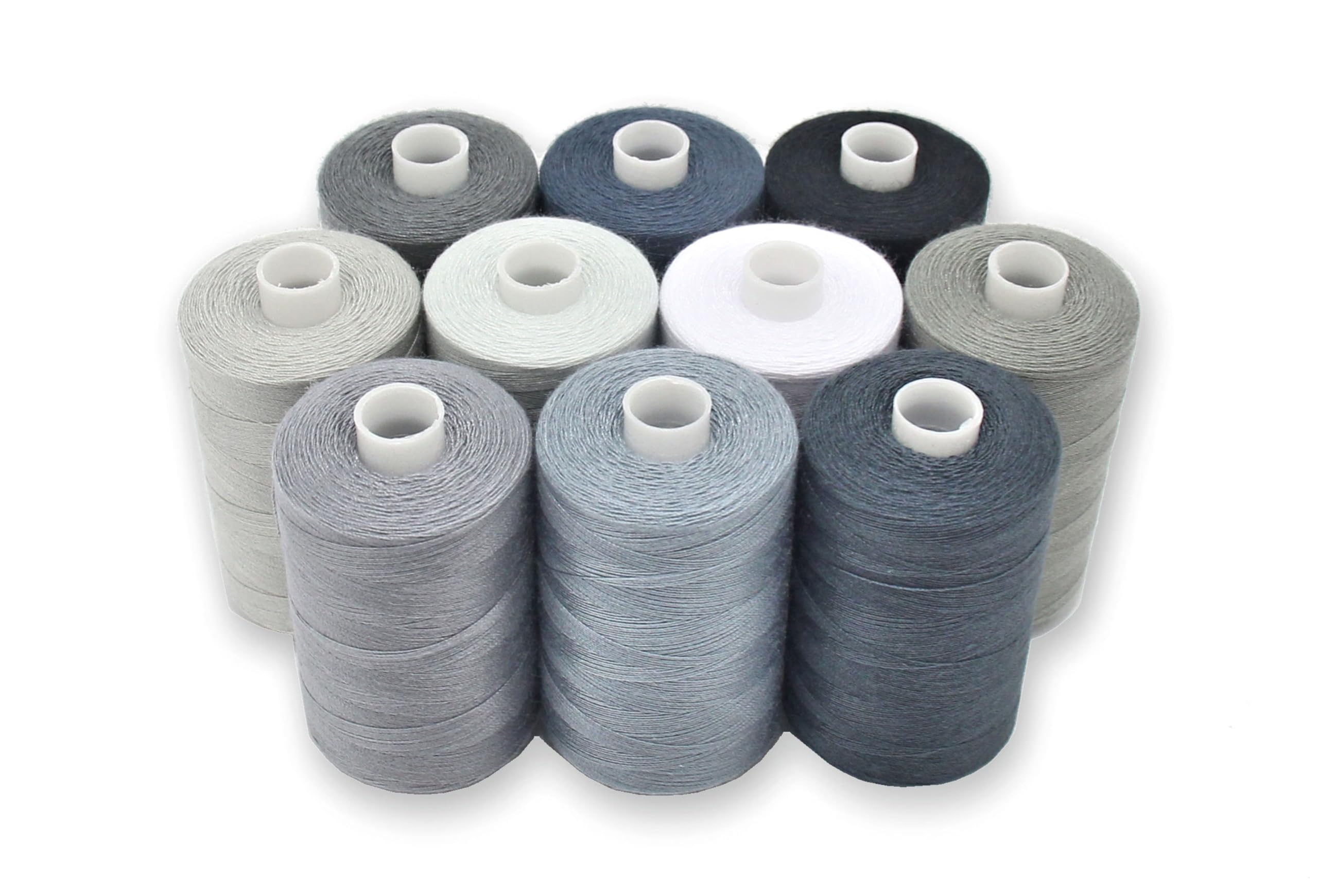 Gray Sewing Threads - 10 Large Spools of Polyester Thread for Hand, Quilting & Sewing Machine - Grey Shades Plus Black & White - 1000 Yards Per Spool