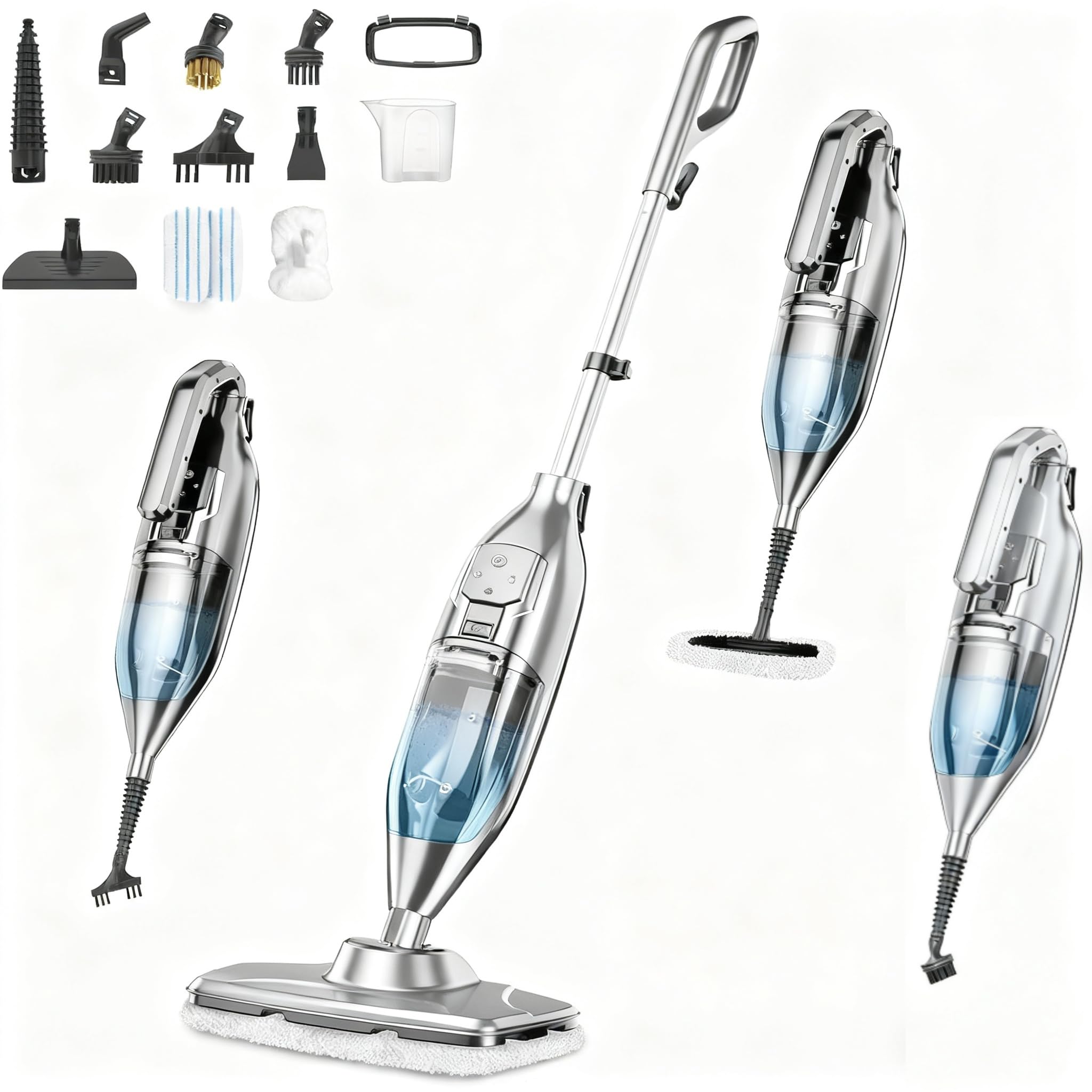 Steam Mop, 12-in-1 Powerful Handheld Steam Cleaner Detachable Steam Mops for Floor Cleaning, 565ML Removable Tank, 23FT Power Cable, MultiPurpose Steamer for Hardwood, Tile, Grout, Furniture, Silver