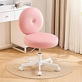 Furniliving Round Armless Desk Chair, Small Upholstered Velvet Vanity Chair with Wheels, Adjustable Swivel Task Rolling Stool