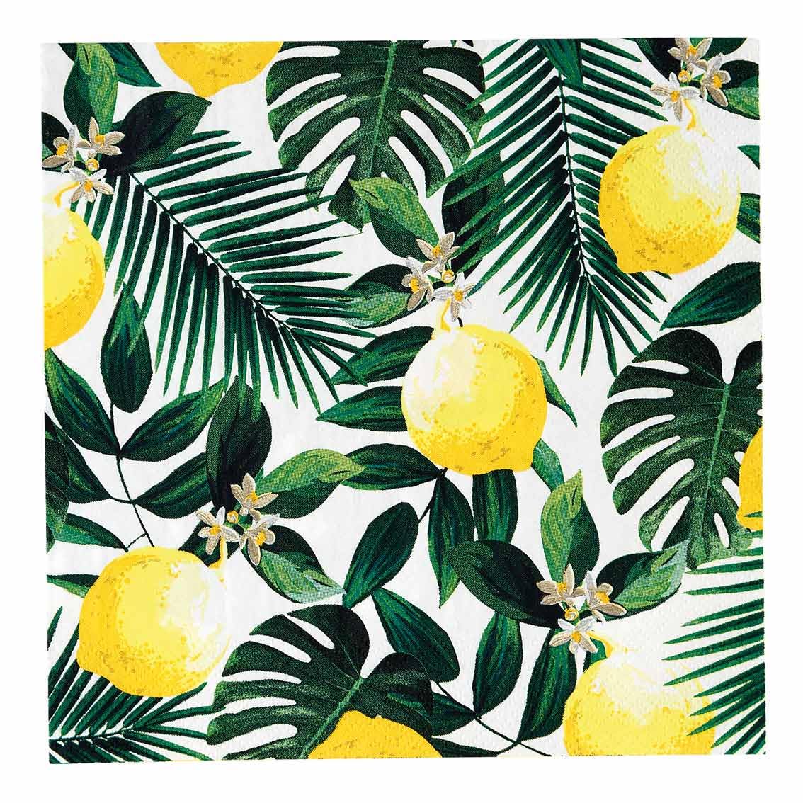 Talking Tables Pack of 20 Lemon Napkins | Tropical Serviettes with Jungle Leaves | Disposable Tableware for Indoor or Outdoor Dining, Garden Party, Summer, BBQ, Picnic, Decoupage,33cm x 33cm