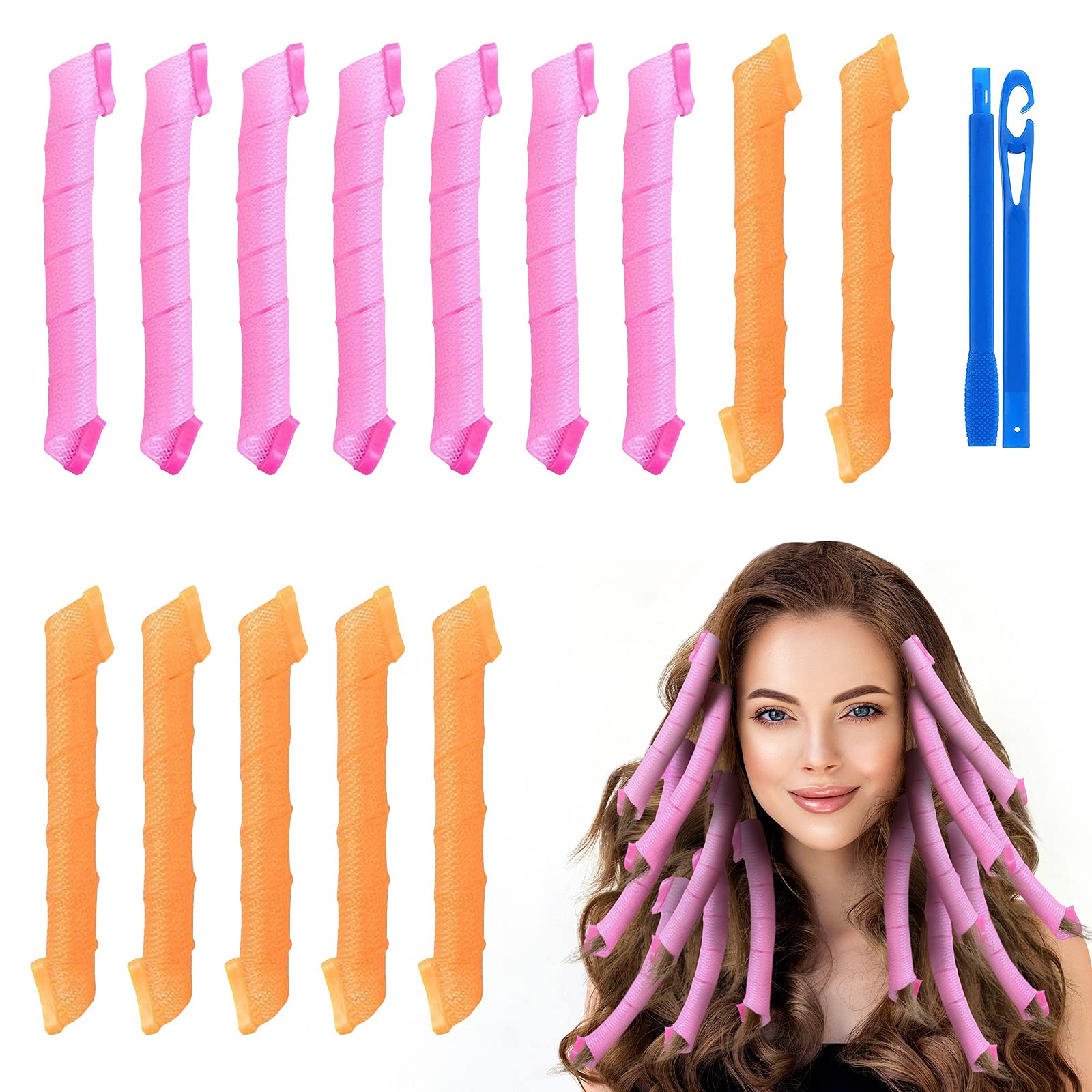 URAQT Hair Rollers, 45cm Hair Curlers Styling Kit, No Heat Spiral Curls, Wave Style Rollers for Setting Hair with Styling Hooks, No Damage DIY Hair Styling Tools for Long & Short Hair (14 Pcs) — image 1