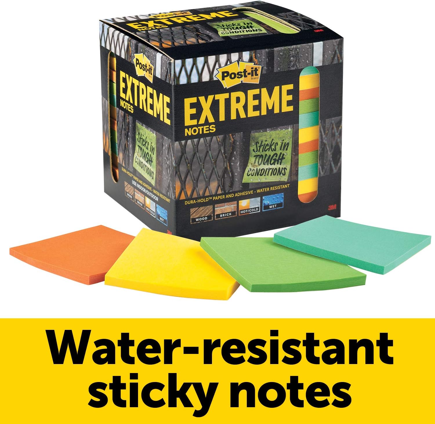 Postit Extreme Water Resistant Sticky Notes, 3” x 3”, 12 Pads, 45