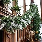 9FT Christmas Garlands Norfolk Pine Garland, Real Touch Artificial Winter Pine Garland, Green Artificial Greenery Garlands with Snowflake for Wall, Mantle, Table, Indoor, Outdoor Christmas Decorations