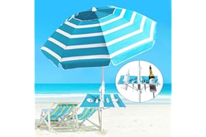COCLOTHY Beach Umbrella - Beach Umbrella for Sand Wind Portable with Tilt Pole, 6.56 FT Arc Length 5.9 FT Diameter, Heavy Duty Wind Resistant Striped Large Umbrellas, UV 50+ Parasol with Anchor Screw Adjustable Height