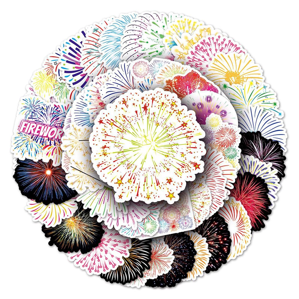 Colorful Fireworks Vinyl Stickers, 50 PCS Waterproof Illustrated Pattern Decals for Laptops, Scrapbooking, Journals, Notebooks, Water Bottles, Suitcases, Phones & DIY Decor
