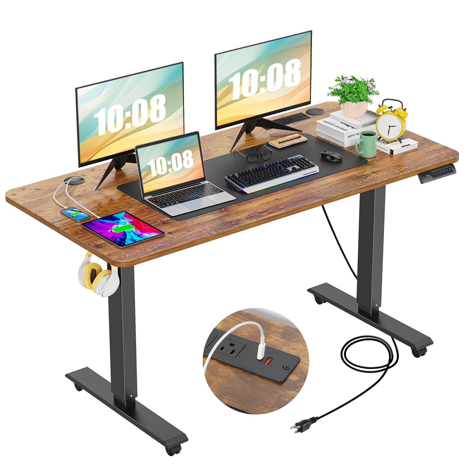 farexon Electric Standing Desk Adjustable Height Desk 55 x 24In with Charging Station, Stand up Desk with Oversized Mouse Pad, 4 Caster, 4 Preset Heights Easy to Set, 27''-45'' Lifting Range