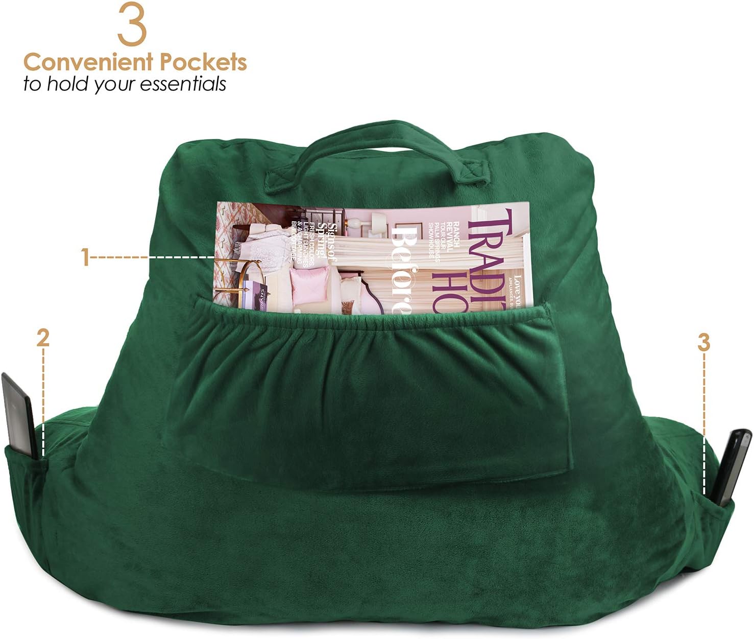 Clara Clark Bed Rest Reading Pillow with Arms and Pockets for Kids Teens & Adults-Premium Shredded Memory Foam, Medium, Hunter Green: Home & Kitchen