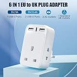 Aodeng UK to EU Plug Adaptor 3 USB Ports 20W USB C Shaver Adapter Type E/F view 2