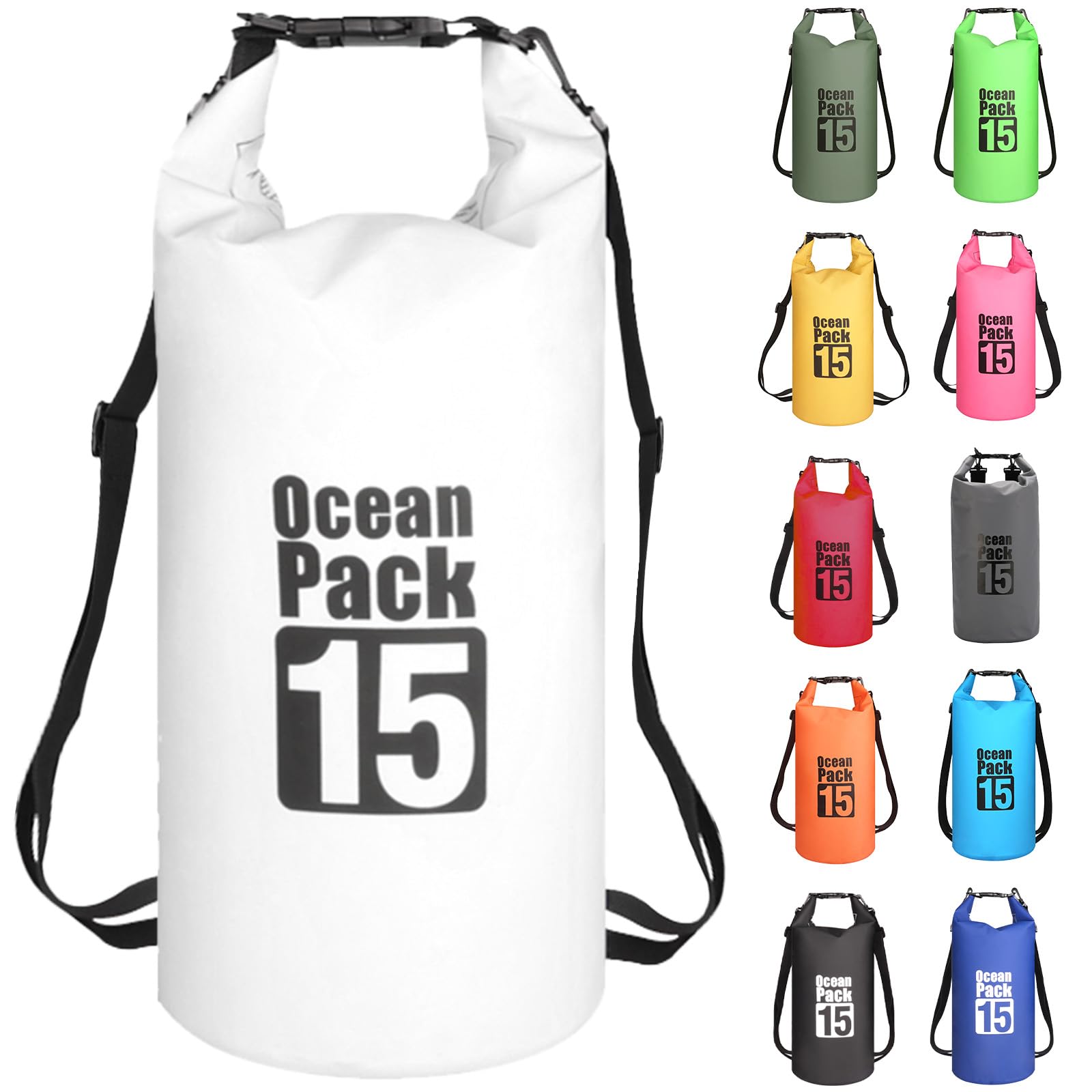 MORAINJAY 15L White Dry Bag,Waterproof Bag with Double Adjustable Shoulder Strap,Middle Capacity Dry Sack 2L 5L 10L 15L 20L 30L for Outdoor Camping,Rafting,Swimming,Boating,Surfing