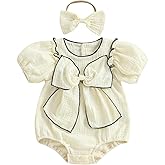 Vicaankue Newborn Infant Baby Girl Summer Clothes Cotton Linen Short Sleeve Bubble Romper Bow Bodysuit with Headband