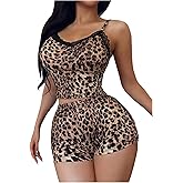 SOLY HUX Leopard Pajamas for Women Set Lace Camisole Crop Top and Shorts Sleepwear 2 Piece