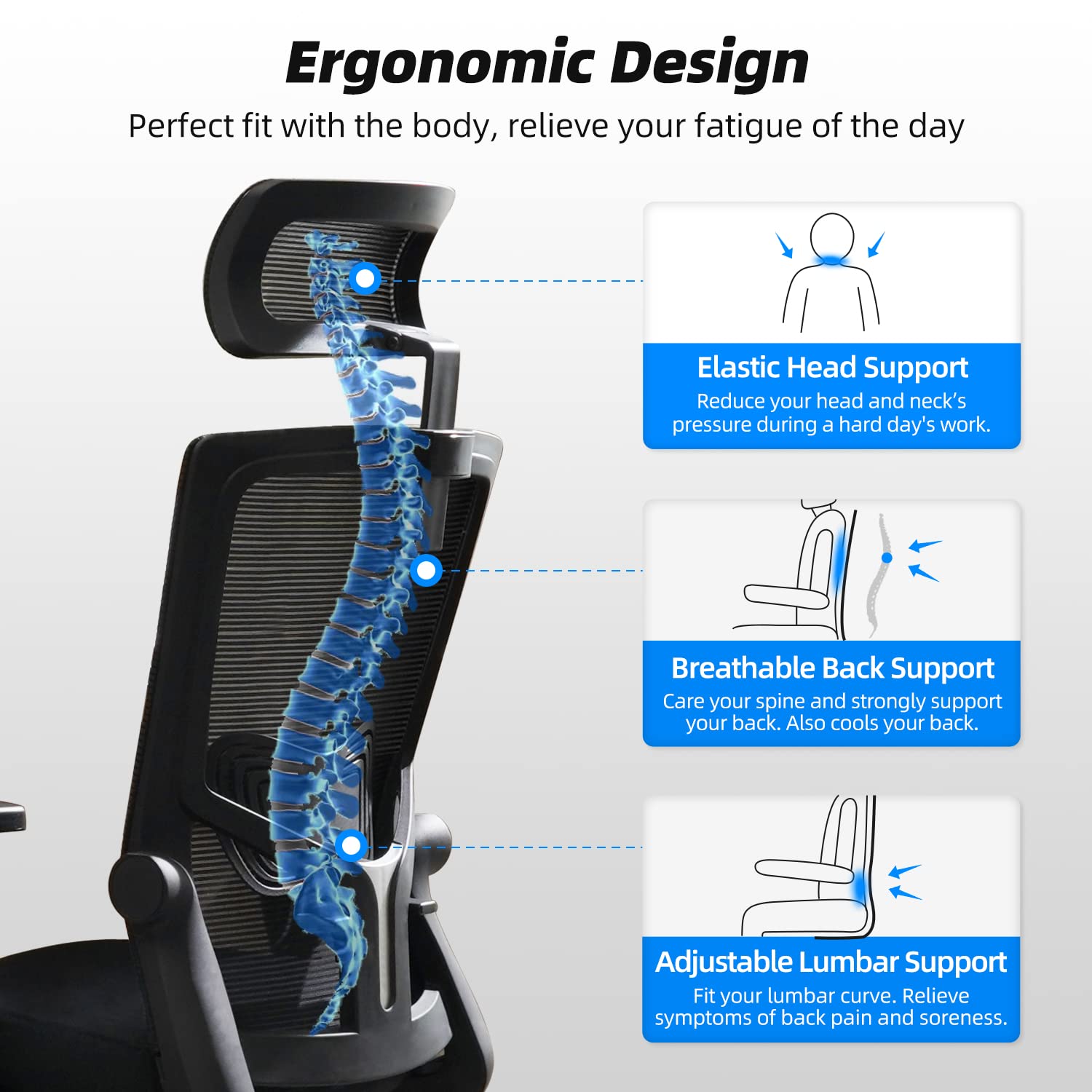 Daccormax Bürostuhl Ergonomisch, Schreibtischstuhl mit Verstellbarer Kopfstütze, Armlehnen, Lendenwirbelstütze, Drehstuhl Wippfunktion, Chefsessel aus Mesh,Rückenschonend, Bürostuhl 150kg 4
