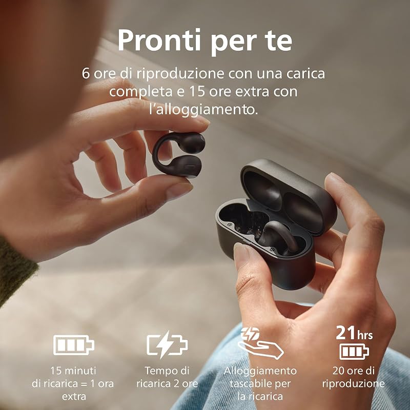 TAQ2000BK auricolari ear-cuff True Wireless open-ear Multipoint Bluetooth - 28 ore di riproduzione, Ricarica tascabile, Chiamate chiare per spostamenti ed allenamento - Nero