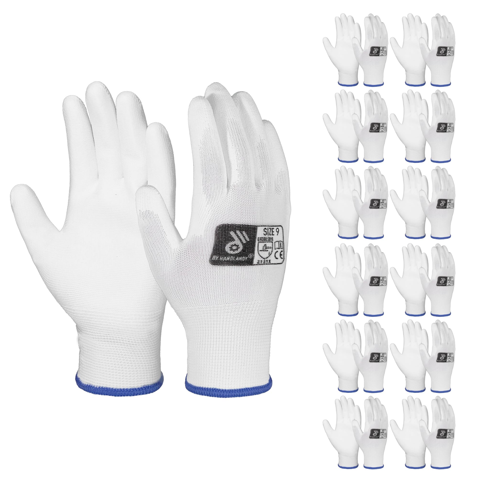 HANDLANDY 12 Pairs PU Coated Nylon Black Protective Work Gloves, Non-slip Flexible Gloves for Construction, Warehouse, Gardening (White, Large)