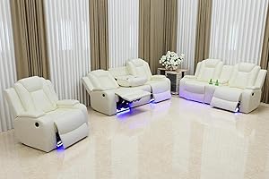 Toseslo Power Recliner Sofa Set, Leather 3 Pieces Sectional Couch, Living Room Furniture Sets with LED Light, Modern Power Reclining Sofa Sets with Storage Console for Living Room(Creamy White)