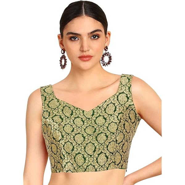 Chandrakala Yellow Chanderi Blouse For Women - Readymade Saree Blouse, Art Silk, Elbow Sleeves (Large, B214YEL4)