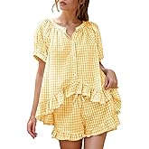 Flygo Womens Gingham Pajamas Set 2 Piece Cotton Pj Lounge Sets Puff Sleeve Ruffle Babydoll Shirt Shorts Summer Outfits