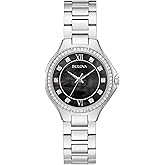 Bulova Ladies Quartz Dress Classic Watch, Silver-Tone Stainless Steel Bracelet, Black Dial Style: 96L300