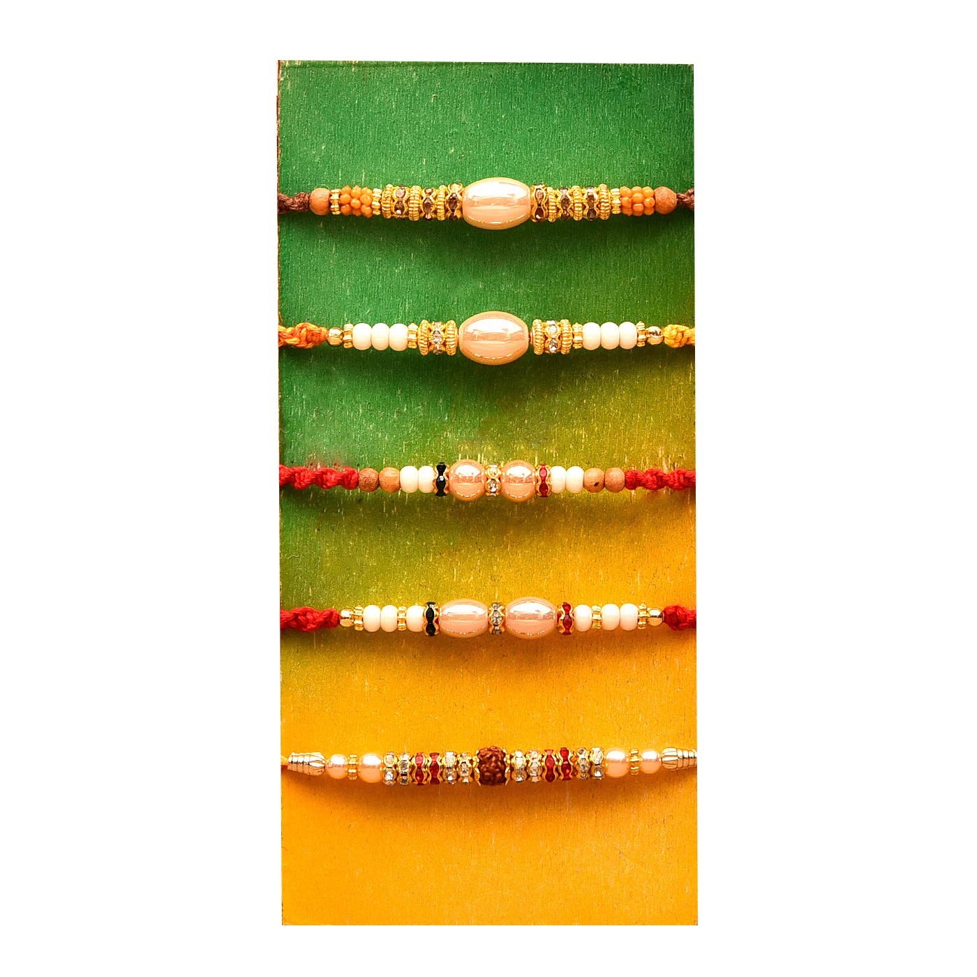 tokenz pearls and beads rakhi set of 5 with guthi work mauli thread for brother with rakshabandhan roli chawal tikka