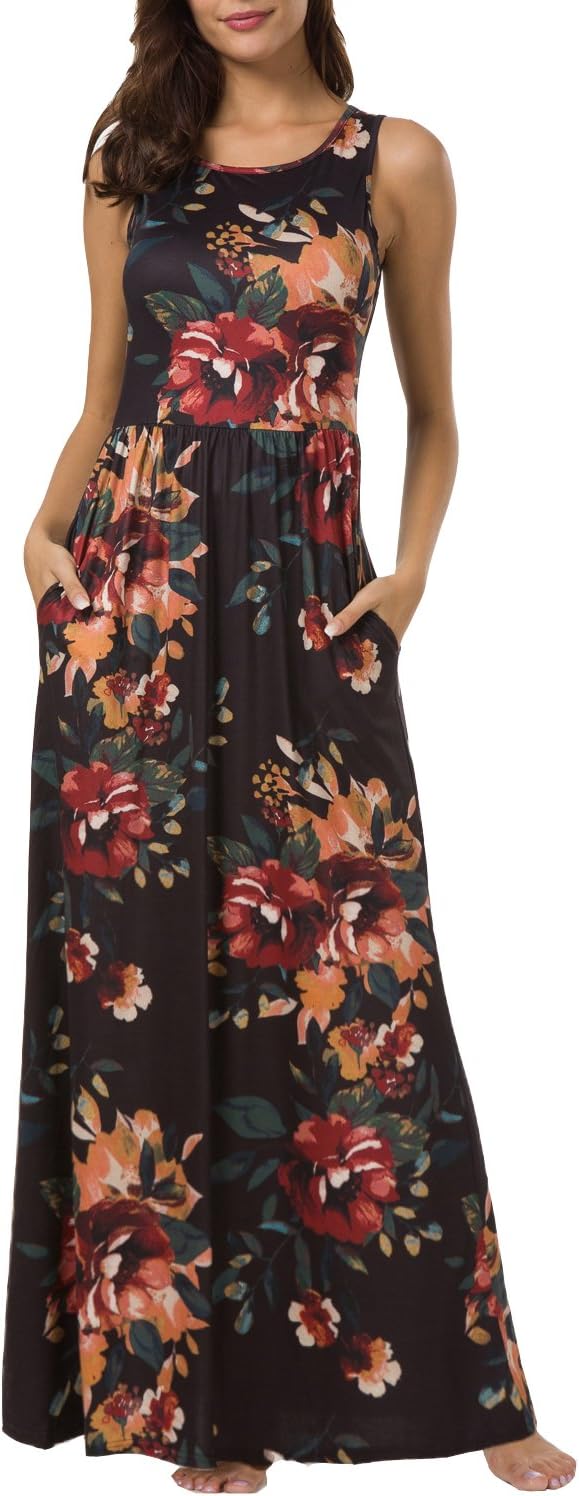 Zattcas Maxi Dresses for Women,Womens Crew Neck Sleeveless Summer Floral Maxi Dress with Pockets