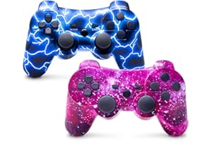 TUOZHE Wireless Controller for PS3, 2 Pack Controller for Play 3, 6-Axis with High-Performance Double Shock, Motion Control, USB Charging Cable(Blue Flash and Purple Sky)