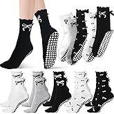 Jamntower 10 Pairs Coquette Black Bow Pilates Socks for Women Breathable Ankle Socks Ruffle Cuff Grips Yoga Non Slip Athletic Sock White Black Nylon Satin Soft for Casual Dress Ballet Crew Stocking